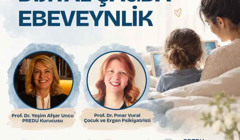 Pınar Vural ve Yeşim Afşar Uncu ile Bursa PREDU Atölye’de 18 Ekim 2026 tarihli Dijital Çağda Ebeveynlik etkinlik afişi.