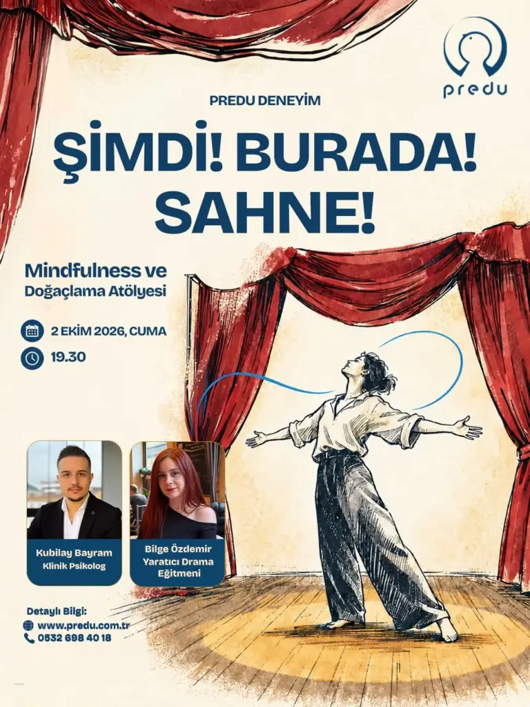 Kubilay Bayram ve Bilge Özdemir ile 2 Ekim 2026 tarihli Şimdi Burada Sahne mindfulness ve doğaçlama atölyesi afişi.