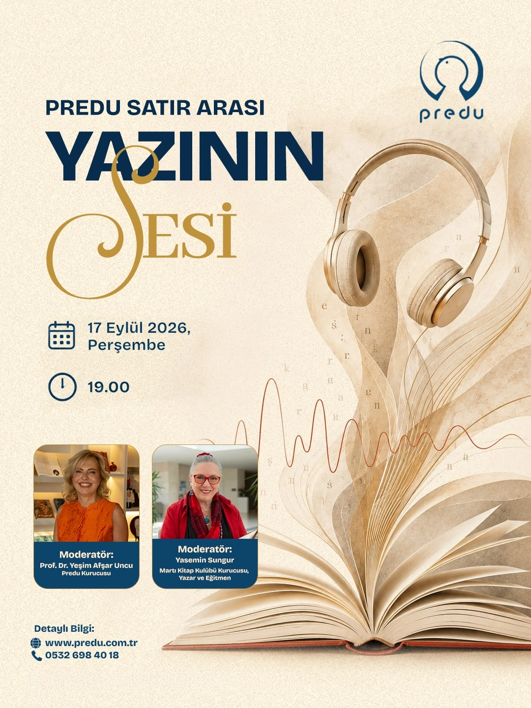Yeşim Afşar Uncu ve Yasemin Sungur’un yer aldığı 17 Eylül 2026 tarihli PREDU Yazının Sesi etkinlik afişi.